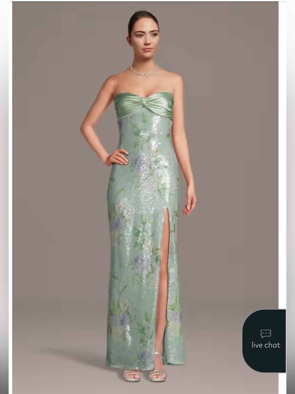 Strapless Green Floral Sequin Evening Gown